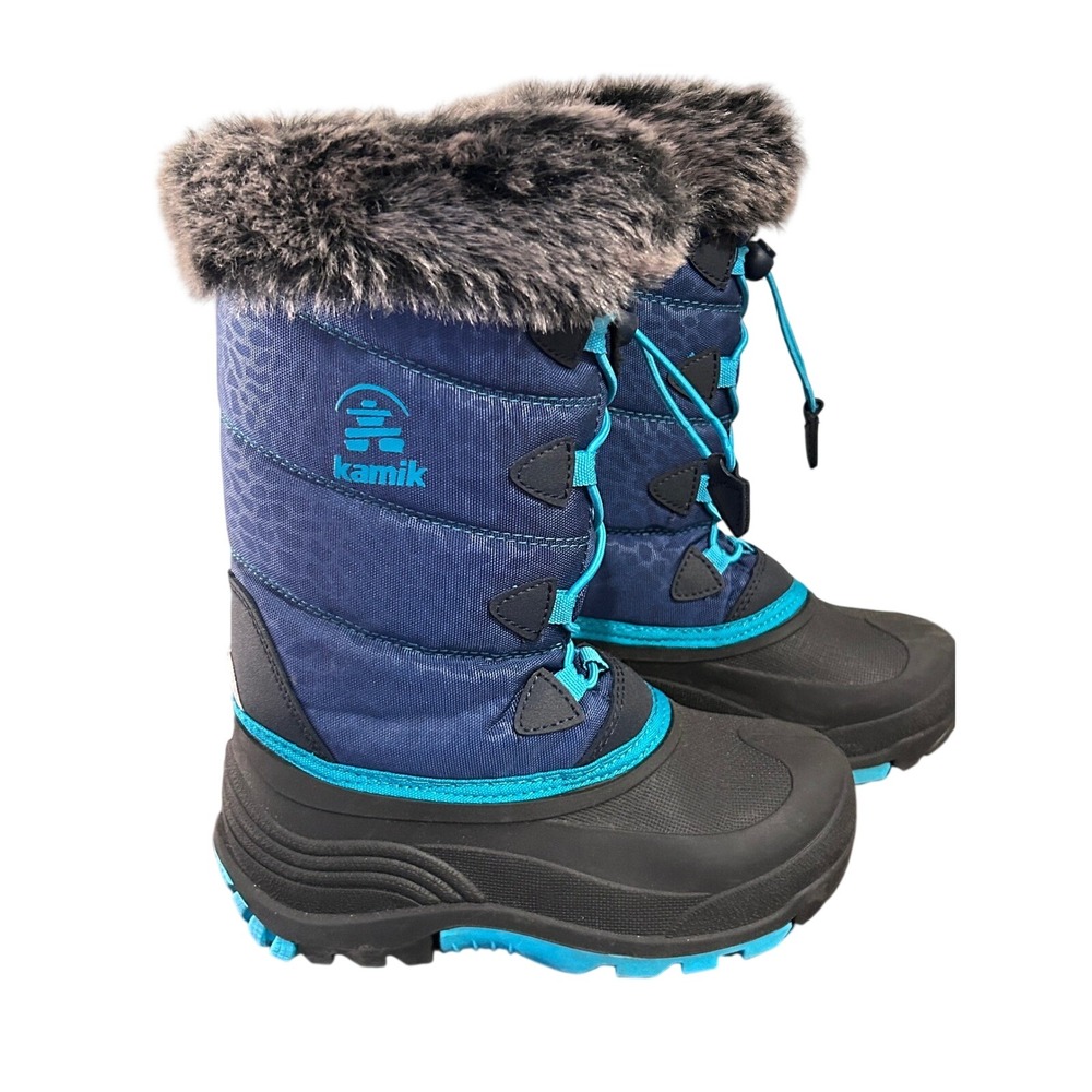 Kamik Kids Size 1 Winter Snow Boots Navy Blue Faux Fur Waterproof Bungee Lace